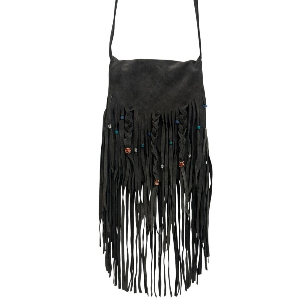 Vtg Drk Brn Boho Western Leather Crossbody Purse Beaded/Fringe 2/compartment
